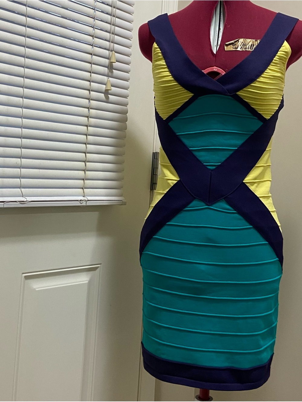 WOW couture Teal, Yellow & Navy Colorblock Bandage Mini Dress
